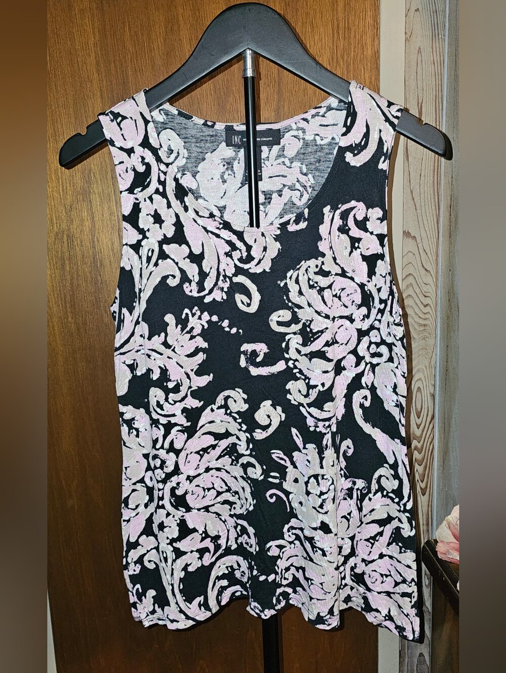 INC International Concepts Black Sleeveless Top with Pink Floral Swirl Print